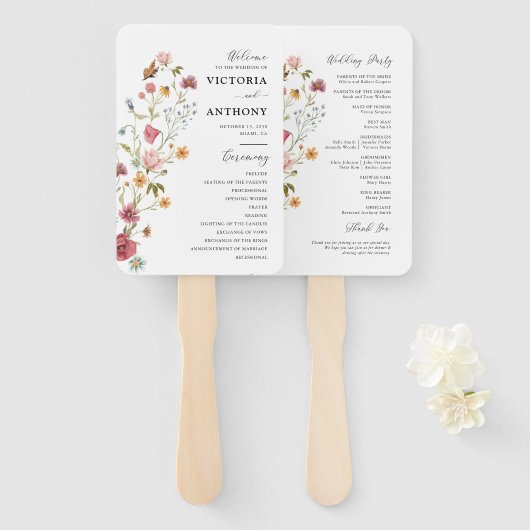 Wildblumen Hochzeitsprogramm Hand Fan Fächer (Vorne und Hinten)