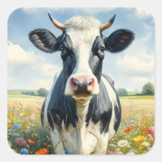 Wildblumen Holstein Milchkuh Quadratischer Aufkleber