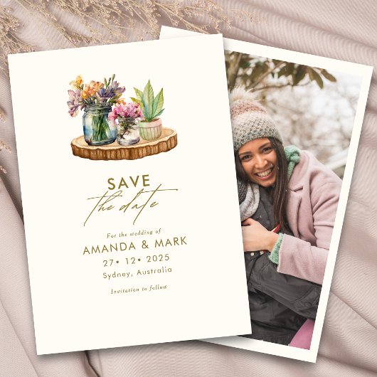 Wildblumen Holz Mason Jars Boho Bohemisch Hochzeit Einladung