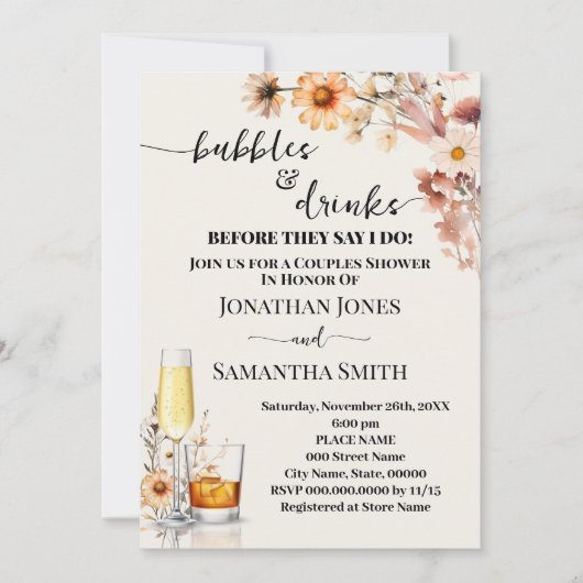 Wildblumen im Herbst Brautparty "Bubbles & Drinks" Einladung (Vorderseite)