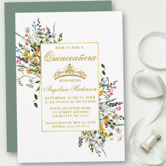 Wildblumen in Aquarellen zeigen grünes Quinceanera Einladung