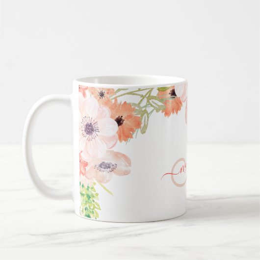 Wildblumen in Aquarellfarben rosa Mit Monogramm Kaffeetasse (Links)