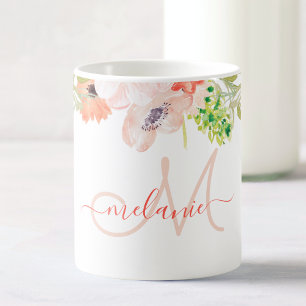 Wildblumen in Aquarellfarben rosa Mit Monogramm Kaffeetasse