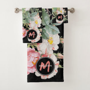 Wildblumen in Aquarellfarben Rose Schwarz-Rosa-Mon Badhandtuch Set