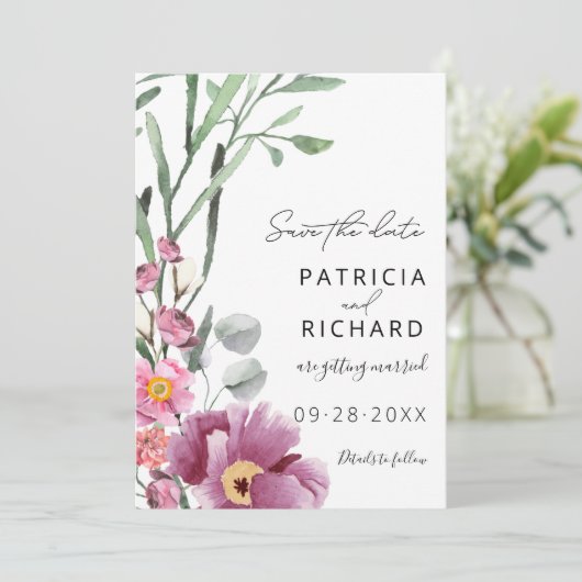 Wildblumen in Aquarellfarben speichern das Datum (Stehend Vorderseite)