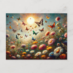 Wildblumen in Blüten, umgeben von Schmetterlingen Postkarte