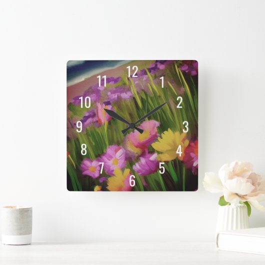 Wildblumen in der Abenddämmerung Quadratische Wanduhr (Zuhause)