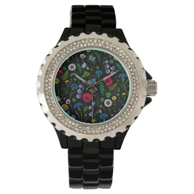 Wildblumen in schwarz armbanduhr (Vorderseite)