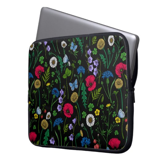 Wildblumen in schwarz laptopschutzhülle (Vorderseite Links)