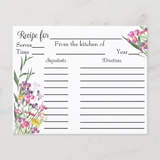 Wildblumen Iris Brautparty Rezept Karte (Vorderseite)