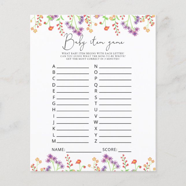 Wildblumen Kinderspiel. Baby Shower Game (Vorderseite)