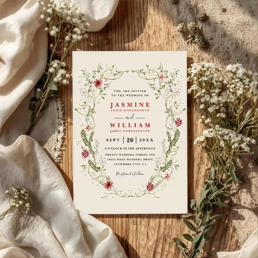 Wildblumen Kranz Rote Blumen QR-Code Hochzeit Einladung