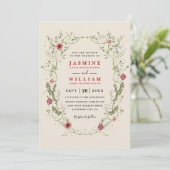 Wildblumen Kranz Rote Blumen QR-Code Hochzeit Einladung (Stehend Vorderseite)