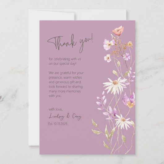 Wildblumen Lavendel Dankeschön Karte für Hochzeit (Vorderseite)