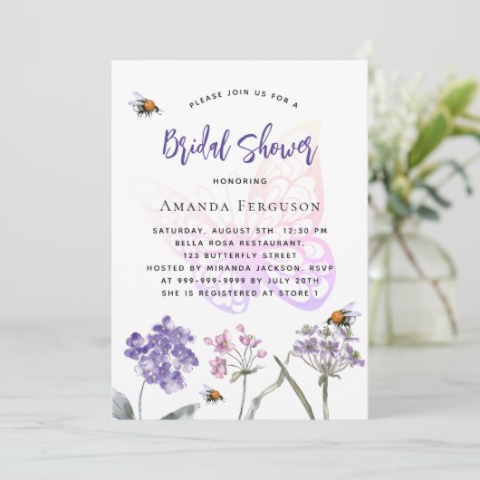 Wildblumen lila Rosa Schmetterling Brautparty Einladung (Stehend Vorderseite)