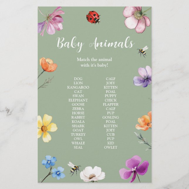 Wildblumen-Lovebug-Baby-Shower-Spiel-Schild (Vorderseite)