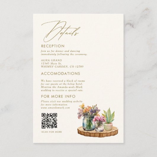 Wildblumen Mason Jar Boho Böhmische Hochzeit Detai Begleitkarte (Vorderseite)