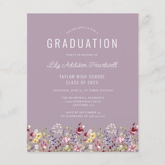Wildblumen Mauve Grad Party Einladung (Vorderseite)