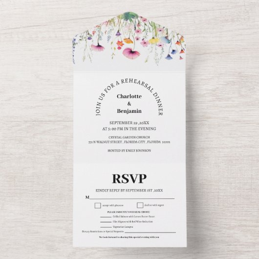 Wildblumen Menü Auswahl Probe Abendessen All In One Einladung (Innen Boden)