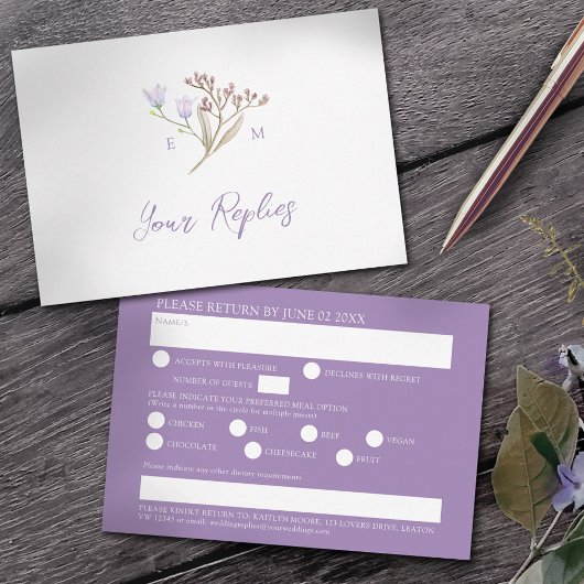 Wildblumen-Menüoption lila Boho-Herbsthochzeit RSVP Karte