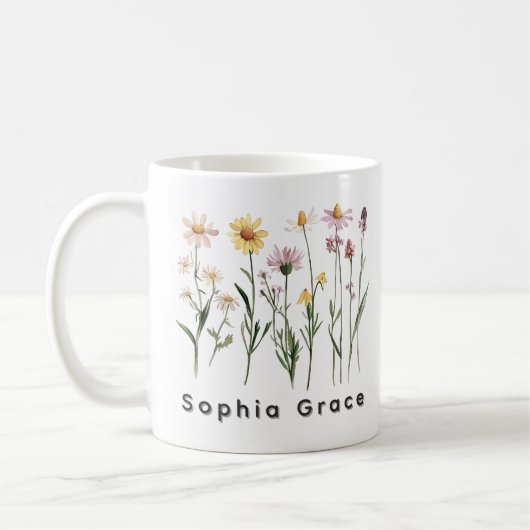 Wildblumen Minimalistischer Individuelle Name Kaffeetasse (Links)