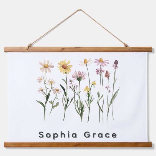 Wildblumen Minimalistischer Individuelle Name Wandteppich Mit Holzrahmen (Vorne)