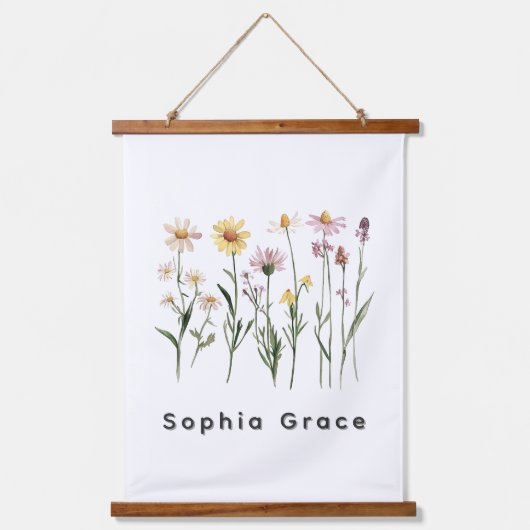 Wildblumen Minimalistischer Individuelle Name Wandteppich Mit Holzrahmen (Vorderseite)