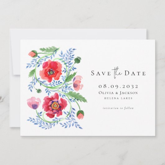 Wildblumen mit Aquarellfarbe Poppy Script Hochzeit Save The Date (Vorderseite)