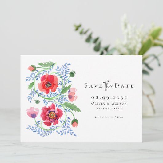 Wildblumen mit Aquarellfarbe Poppy Script Hochzeit Save The Date (Stehend Vorderseite)