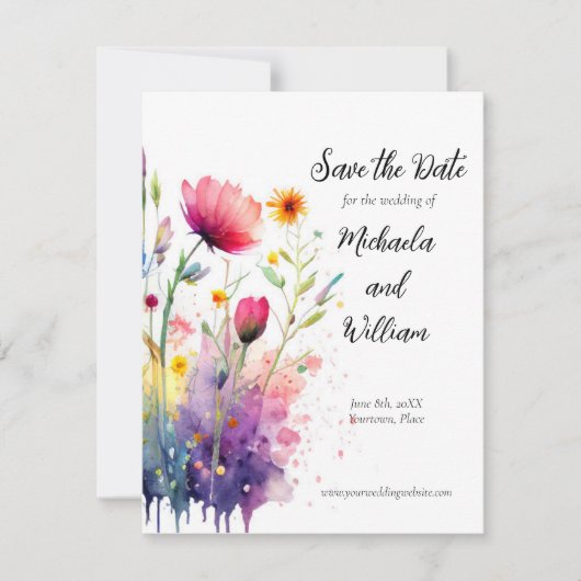 Wildblumen mit Aquarellfarben speichern das Datum Save The Date (Vorderseite)
