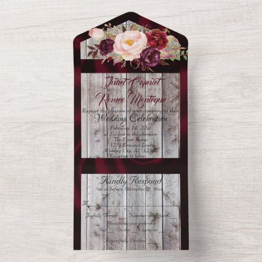 Wildblumen mit Burgund Ribbon & Lights Hochzeit All In One Einladung (Innen Boden)