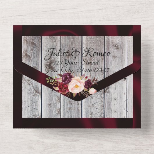 Wildblumen mit Burgund Ribbon & Lights Hochzeit All In One Einladung (Rückseite)