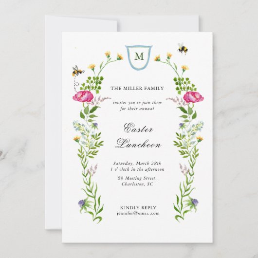 Wildblumen mit Monogramm Osterfest Ankündigung (Vorderseite)