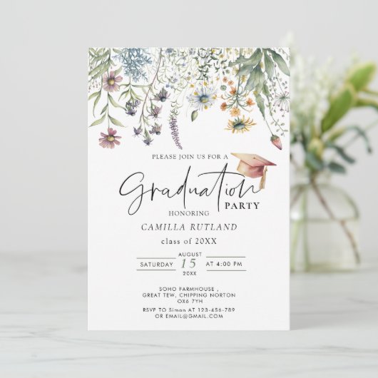 Wildblumen Moderne Foto Graduation Party Einladung (Stehend Vorderseite)