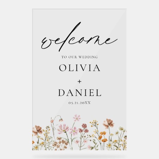 Wildblumen Moderne Script Hochzeit Willkommen Eleg Acrylschild (Vorderseite)