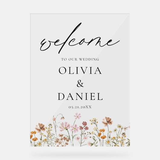 Wildblumen Moderne Script Hochzeit Willkommen Eleg Acrylschild (Vorderseite)