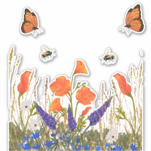 Wildblumen Mohn Butterflies Bienen Aufkleber (Vorderseite)