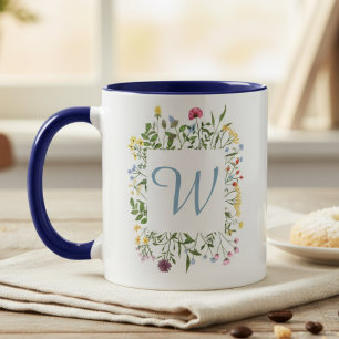 Wildblumen-Monogramm Blau Initiale Tasse