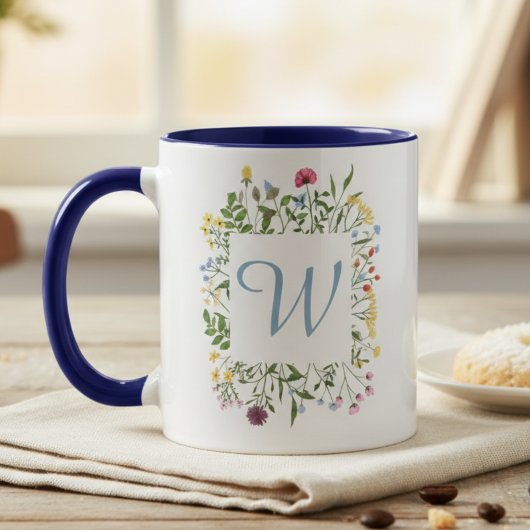 Wildblumen-Monogramm Blau Initiale Tasse