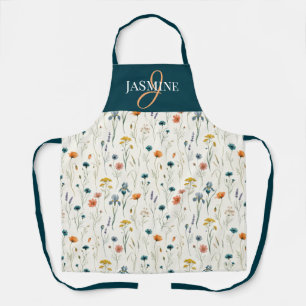 Wildblumen-Monogramm Grün Orange Name Schürze