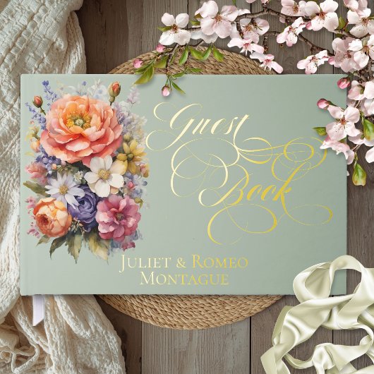 Wildblumen & Monogramm - Salbei-Folie Gästebuch