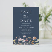 Wildblumen Navy Blau Boho Save the Date (Stehend Vorderseite)