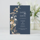 Wildblumen Navy Blue Boho Botanical Save The Date (Stehend Vorderseite)