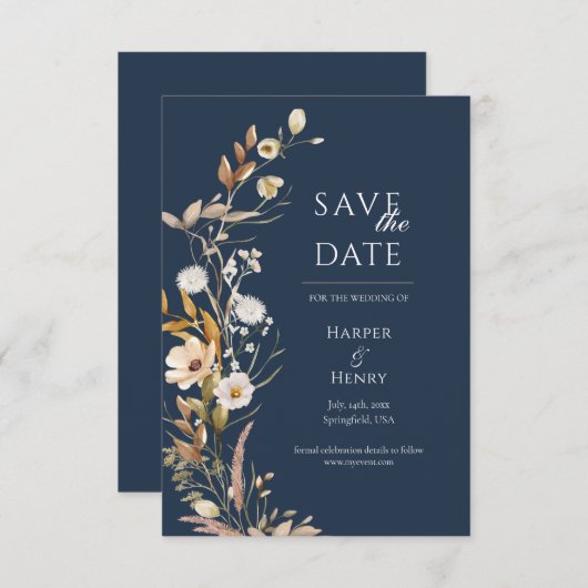 Wildblumen Navy Blue Boho Botanical Save The Date (Vorne/Hinten)