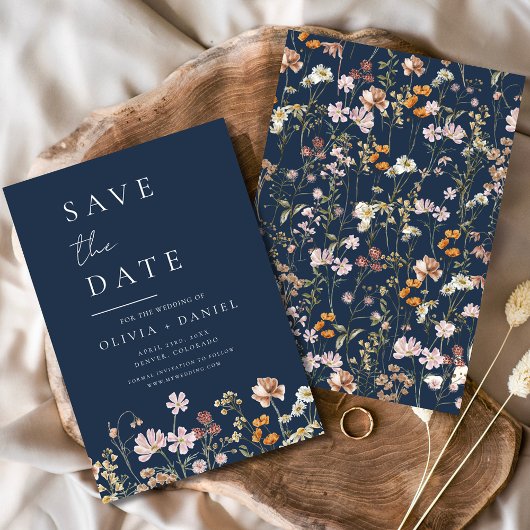 Wildblumen Navy Blue Save the Date Minimalistisch