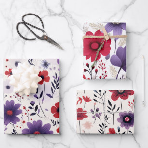 Wildblumen Navy Red Lila Geschenkpapier Set