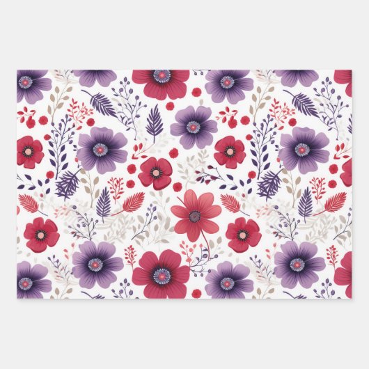 Wildblumen Navy Red Lila Geschenkpapier Set (Vorderseite 2)
