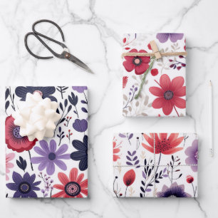 Wildblumen Navy Red Lila Geschenkpapier Set