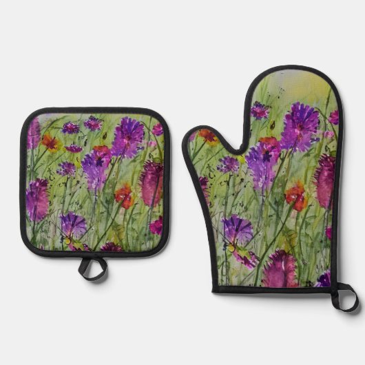 Wildblumen Ofen Mitt und Potholder Set (Vorderseite)