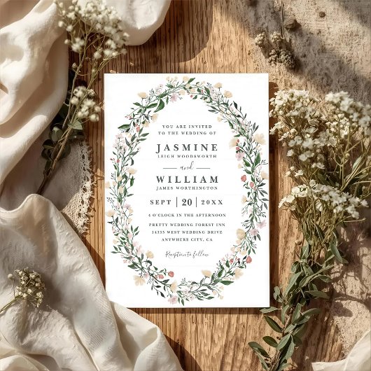 Wildblumen-Oval-Blumenkranz-QR-Code-Hochzeit Einladung